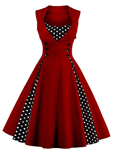 VKStar® Vintage 50er Jahre Rockabilly Kleid Ärmellos Polka Dots Kleid Retro Swing Elegantes Abendkleid mit Knöpfe Weinrot 3XL von VKStar