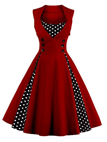 VKStar® Vintage 50er Jahre Rockabilly Kleid Ärmellos Polka Dots Kleid Retro Swing Elegantes Abendkleid mit Knöpfe Weinrot XL von VKStar