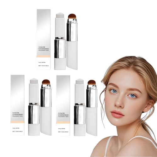 Farbwechselnder Foundation-Stick mit Pinsel - Volle bis mittlere Deckkraft Foundation Makeup für alle Hauttypen, gebackene Foundation für reife Haut, keine Übertragung (Elfenbeinweiß-3PCS) von VKaoess