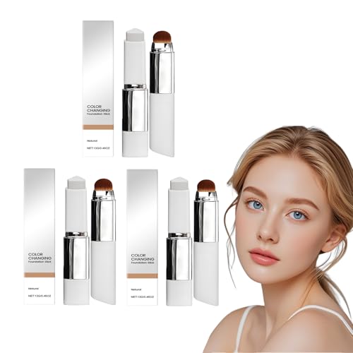 Farbwechselnder Foundation-Stick mit Pinsel - Volle bis mittlere Deckkraft Foundation Makeup für alle Hauttypen, gebackene Foundation für reife Haut, keine Übertragung (Natürlich-3PCS) von VKaoess