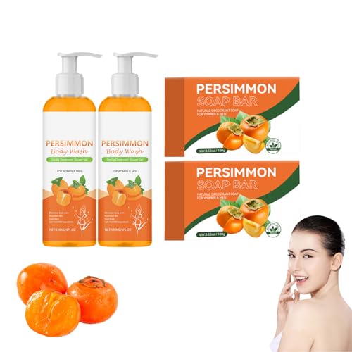 Persimmon Body Wash and Soap Bar Set - Natürliche Deo-Seife zur Kontrolle des Körpergeruchs, erfrischender Körperreiniger für Männer und Frauen, Bade- und Duschgel mit Persimmon-Extrakt (4 STÜCKE) von VKaoess