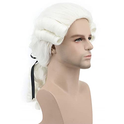 Grau Weiß Schwarz Anwalt Richter Barock Curly Herren Kostüm Perücke Deluxe Historisch Lange Synthetische Cosplay Perücke Für Halloween 980 von VLEAP