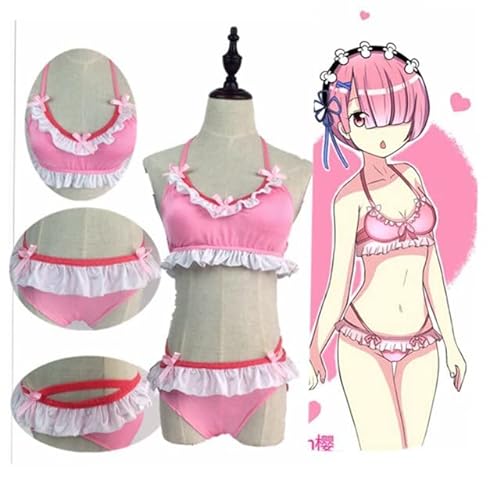 VLEAP Anime Re Zero Kara Hajimeru Isekai Seikatsu REM RAM Badeanzug Bademode Bikini Lolita Cosplay Kostüm / Rosa Blau Kurze Mode Perücke XL Rot Kostüm von VLEAP