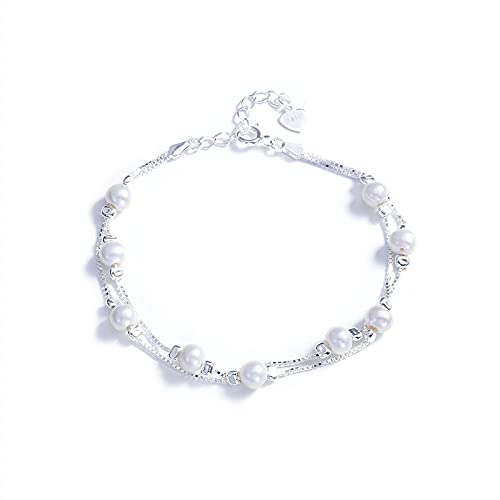 VLICKO Armband Damen Silber,S925 Silber Armband Für Frauen Doppelschicht Weiße Perle Sterling Silber Armband Armreif Mit Verstellbarer Silberkette Glücksschmuck Für Frauen von VLICKO