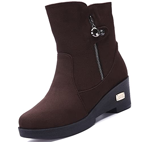 VLOOKST Damen Schneestiefel Keilabsatz Winterstiefel Warme Gefütterte Winterschuhe Rutschfest Stiefel Boots Schlupfstiefel Stiefeletten Braun Gr.38 von VLOOKST