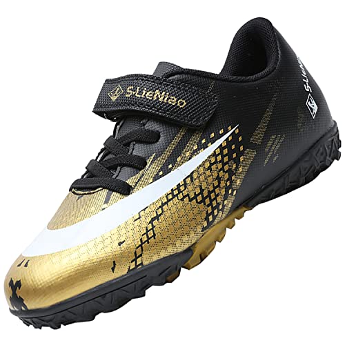 VLOOKST Fußballschuhe Jungen Kunstrasen Fussballschuhe Kinder Trainingsschuhe Mädchen Sneaker Sportschuhe Indoor Outdoor Turf Football Schuhe Unisex Schwarz Gold Gr.31 von VLOOKST