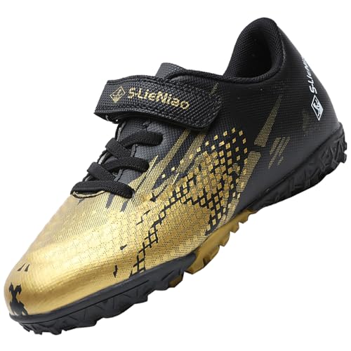 VLOOKST Fußballschuhe Jungen Kunstrasen Fussballschuhe Kinder Trainingsschuhe Mädchen Sneaker Sportschuhe Indoor Outdoor Turf Football Schuhe Unisex Schwarz Gold Gr.33 von VLOOKST