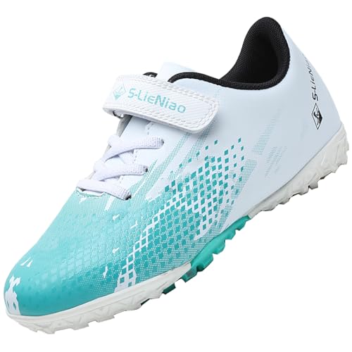 VLOOKST Fußballschuhe Jungen Kunstrasen Fussballschuhe Kinder Trainingsschuhe Mädchen Sneaker Sportschuhe Indoor Outdoor Turf Football Schuhe Unisex Weiß Türkis Gr.32 von VLOOKST