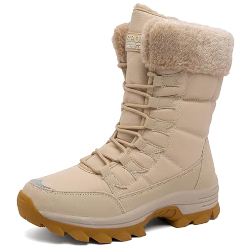 VLOOKST Schneestiefel Damen Winter Warm Gefüttert Outdoor Sneaker Sportschuhe Wasserdicht Trekkingstiefel Wanderstiefel Trekkingschuhe Wanderhalbschuhe Winterschuhe Walkingschuhe Beige Gr.37 von VLOOKST