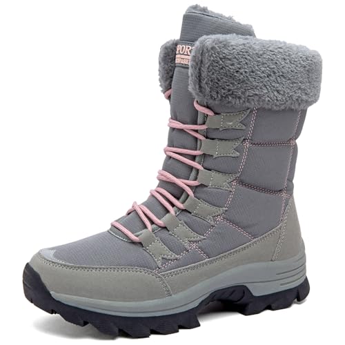 VLOOKST Schneestiefel Damen Winter Warm Gefüttert Outdoor Sneaker Sportschuhe Wasserdicht Trekkingstiefel Wanderstiefel Trekkingschuhe Wanderhalbschuhe Winterschuhe Walkingschuhe Grau Gr.38 von VLOOKST