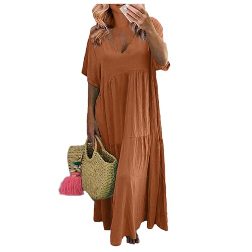 Leinenkleid Damen Sommer Baumwoll Leinen Kleid Kurzarm V-Ausschnitt Sommerkleid Casual Einfarbig Locker Maxikleid Hemdblusenkleid Damen Elegant A-Linie Lang Kleid von VLOYSR