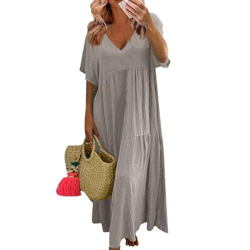 Sommerkleid Damen Baumwoll Leinen Kleid Kurzarm V-Ausschnitt Maxikleid Lang Kleid Elegant A-Linie Freizeitkleid Damen Leinen Kleider Einfarbig Locker Strandkleid von VLOYSR