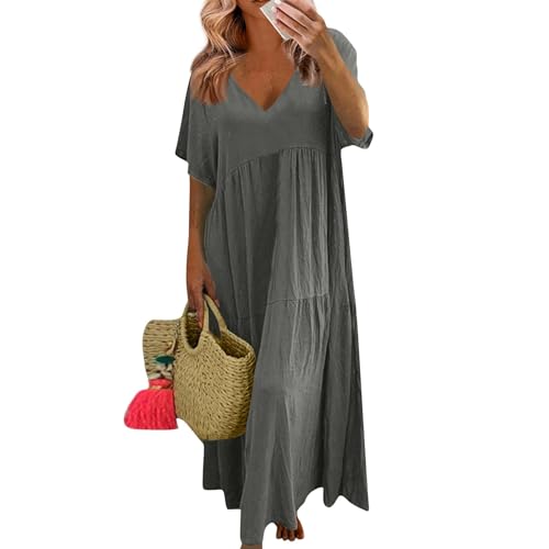 Sommerkleid Damen Baumwoll Leinen Kleid Kurzarm V-Ausschnitt Maxikleid Lang Kleid Elegant A-Linie Freizeitkleid Etuikleid Damen Einfarbig Locker Strandkleid von VLOYSR