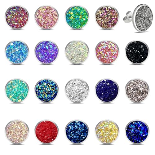 VLYX 20 Paar Ohrstecker mit Druzy-Edelsteinen | Runde Edelstahl-Ohrstecker für Damen | Mehrfarbiges Schmuck-Geschenkset von VLYX