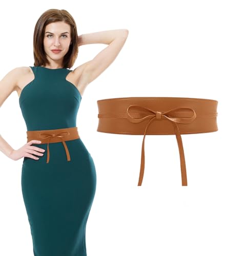 VLYX Breiter Damengürtel im Obi-Stil – Weicher Kunstleder-Wickelgürtel mit Schleife | Retro-Vintage-Boho-Gürtel für Kleider, Pullover und Mäntel (Kamel) von VLYX