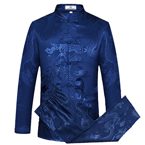 Herren Blau Chinesische Traditiona Tang Anzug Sets Langarm Lange Hosen Dragon Kung Fu Anzug Seide Wu Shu Tai Chi Sets, Blaue lange Ärmel, XXL von VMAKBUWIS