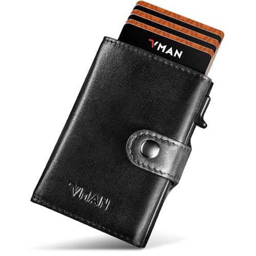 VMAN Geldbörse Herren Leder, Slim Wallet mit Münzfach, Portmonee Herren mit Metall-Kartenetui, Wallets for Men, Smart Wallet für 10+ Karten, RFID Schutz, Seidenschwarz von VMAN