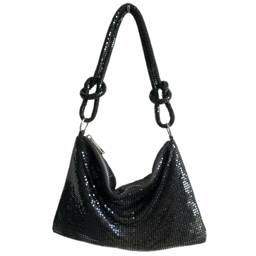 VMDVBNA Pailletten Tasche Griff Weiche Pailletten Abend Clutch Tasche for Frauen Glänzende Dinner-Party Hochzeit Geldbörsen Handtasche Designer Weibliche Unterarm Schulter Tasche(Black) von VMDVBNA