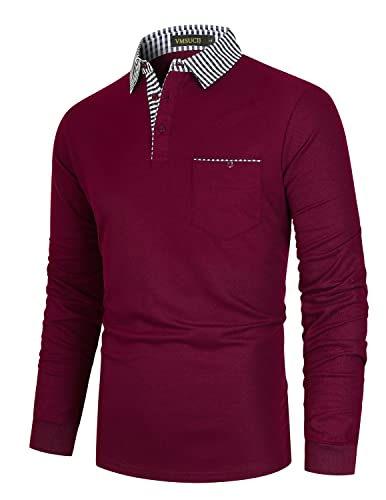 Poloshirts Herren Langarm Baumwolle Klassisches Streifen-Golf-T-Shirt M-3XL,Rot,XXL von VMSUCIJ