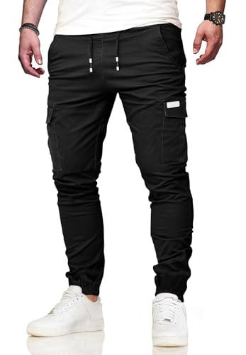 VMSUCIJ Cargohose Herren Arbeitshose mit 6 Taschen Jogginghose Hosen Herren Baumwolle Lang Chino Hose für Alltag Freizeit Outdoor Bund-und Beinbündchen,Schwarz 04,L von VMSUCIJ