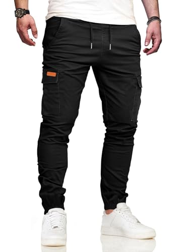 VMSUCIJ Cargohose Herren Arbeitshose mit 6 Taschen Jogginghose Hosen Herren Baumwolle Lang Chino Hose für Alltag Freizeit Outdoor Bund-und Beinbündchen,Schwarz 05,XXL von VMSUCIJ