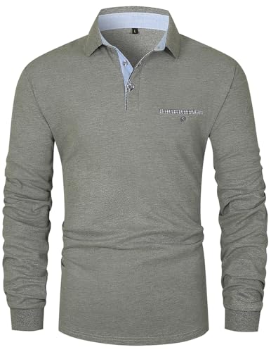 VMSUCIJ Herren Langarm Poloshirt Baumwolle Business Casual mit Denim & Karo-Detail für Golf Alltag,Grau 48,XL von VMSUCIJ