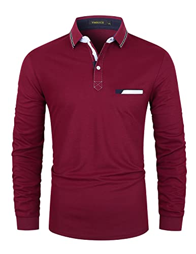 VMSUCIJ Herren Poloshirt Langarm Basic Baumwolle Klassische Kontrastfarbe Streifen Stitching Golf Tennis Poloshirts,Rot 38,M von VMSUCIJ