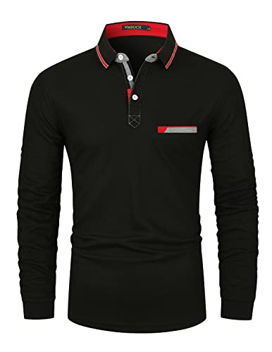 VMSUCIJ Poloshirt Herren Langarm Baumwolle Regular Slim Fit Plaid Denim Golf Polohemd M-3XL,Schwarz 38,3XL von VMSUCIJ