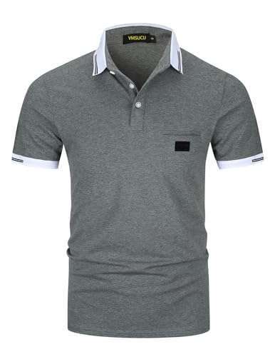 VMSUCIJ Poloshirt Herren,100% Baumwolle Kurzarm Polohemd,Klassisches Lederetiketten-Design T-Shirt, Slim Fit Golf Sports M-3XL,DunkelGrau 39,3XL von VMSUCIJ