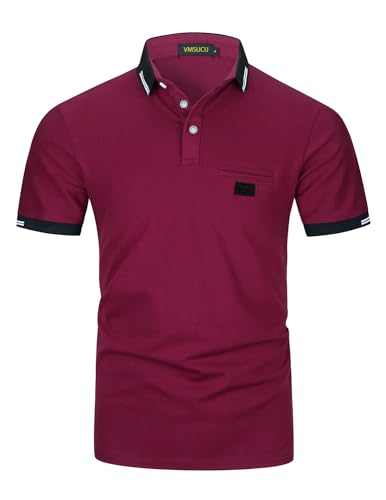 VMSUCIJ Poloshirt Herren,100% Baumwolle Kurzarm Polohemd,Klassisches Lederetiketten-Design T-Shirt, Slim Fit Golf Sports M-3XL,Rot 39,3XL von VMSUCIJ