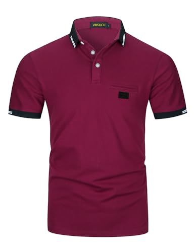 VMSUCIJ Poloshirt Herren,100% Baumwolle Kurzarm Polohemd,Klassisches Lederetiketten-Design T-Shirt, Slim Fit Golf Sports M-3XL,Rot 39,XXL von VMSUCIJ