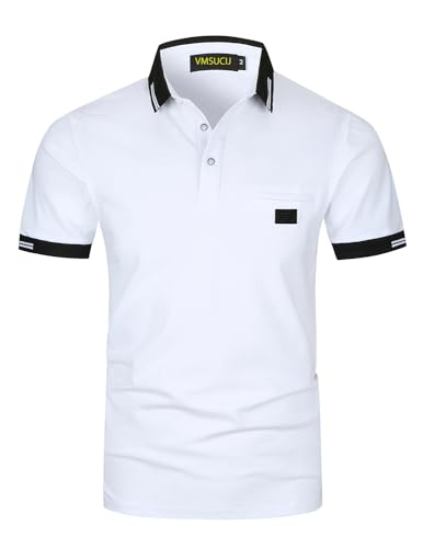 VMSUCIJ Poloshirt Herren,100% Baumwolle Kurzarm Polohemd,Klassisches Lederetiketten-Design T-Shirt, Slim Fit Golf Sports M-3XL,Weiß 39,XL von VMSUCIJ