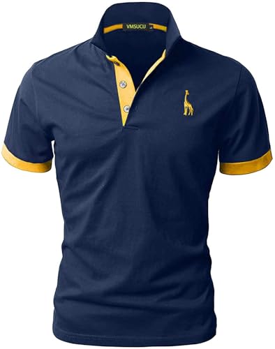 VMSUCIJ Poloshirt Herren Kurzarm,100% Baumwolle,Giraffe Stickerei,Bequeme und Atmungsaktive Polo Shirts Männer,Golf T-Shirt Casual Tops,Blau+Gelb 07,L von VMSUCIJ