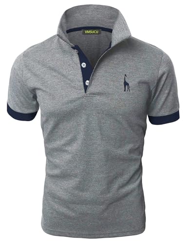 VMSUCIJ Poloshirt Herren Kurzarm,100% Baumwolle,Giraffe Stickerei,Bequeme und Atmungsaktive Polo Shirts Männer,Golf T-Shirt Casual Tops,Grau+Blau 07,XL von VMSUCIJ