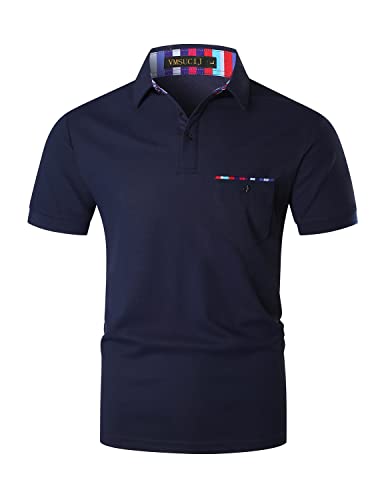 VMSUCIJ Poloshirt Herren Kurzarm Bunt Gestreift Slim Fit T-Shirt Mit Tasche Sommer Golf Sports,Blau D04,L von VMSUCIJ