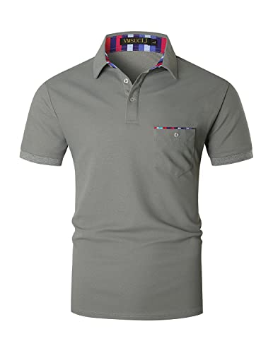 VMSUCIJ Poloshirt Herren Kurzarm Bunt Gestreift Slim Fit T-Shirt Mit Tasche Sommer Golf Sports,Grau D04,M von VMSUCIJ