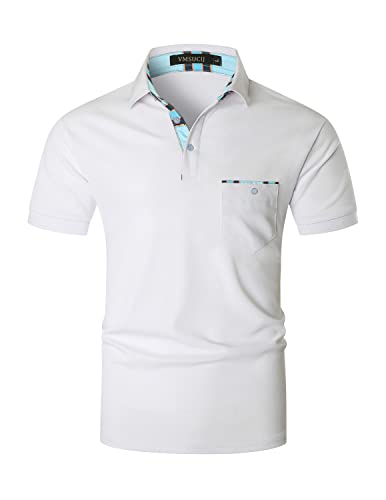 VMSUCIJ Poloshirt Herren Kurzarm Bunt Gestreift Slim Fit T-Shirt Mit Tasche Sommer Golf Sports,Weiß D06,L von VMSUCIJ