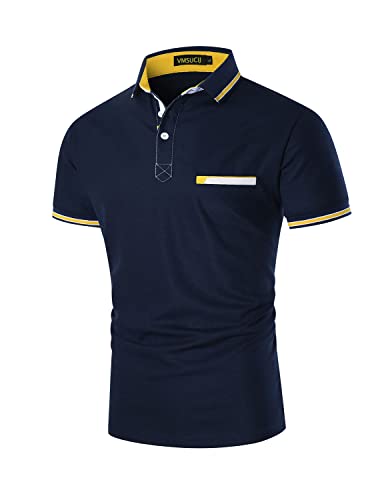 VMSUCIJ Poloshirt Herren Kurzarm Klassischer Gerippter Polokragen und Ärmelbündchen mit Tasch Basic Reine Baumwolle Golf T-Shirt,Blau 35,XL von VMSUCIJ