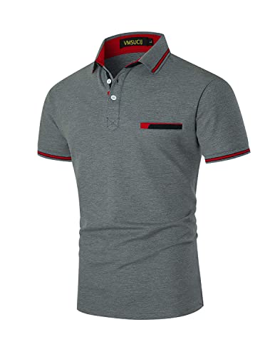 VMSUCIJ Poloshirt Herren Kurzarm Klassischer Gerippter Polokragen und Ärmelbündchen mit Tasch Basic Reine Baumwolle Golf T-Shirt,Grau 35,L von VMSUCIJ