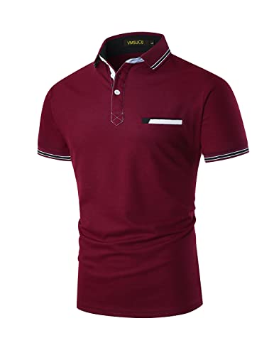 VMSUCIJ Poloshirt Herren Kurzarm Klassischer Gerippter Polokragen und Ärmelbündchen mit Tasch Basic Reine Baumwolle Golf T-Shirt,Rot 35,XL von VMSUCIJ