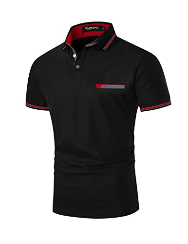 VMSUCIJ Poloshirt Herren Kurzarm Klassischer Gerippter Polokragen und Ärmelbündchen mit Tasch Basic Reine Baumwolle Golf T-Shirt,Schwarz 35,XL von VMSUCIJ