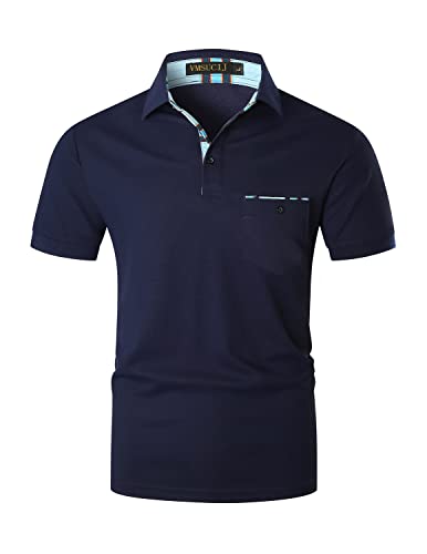 VMSUCIJ Poloshirt Herren Kurzarm Polohemd Blaues Farbblock-Patchwork Slim Fit Basic Golf Polo M-3XL,Blau D06,L von VMSUCIJ