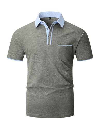 VMSUCIJ Poloshirt Herren Kurzarm Slim Fit 100% Baumwolle Lässige T-Shirts mit Kragen Golf Sports Polohemd mit Tasche,Grau 41,XXL von VMSUCIJ