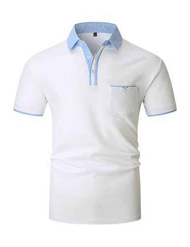 VMSUCIJ Poloshirt Herren Kurzarm Slim Fit 100% Baumwolle Lässige T-Shirts mit Kragen Golf Sports Polohemd mit Tasche,Weiß 41,L von VMSUCIJ