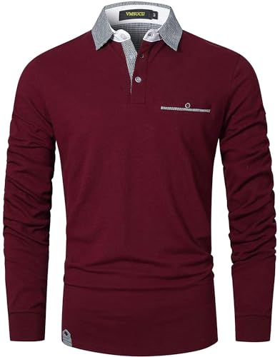 VMSUCIJ Poloshirt Herren Langarm,100% Baumwolle,atmungsaktiv und hautfreundlich,Slim Fit Golf Sports,Sportliches und Bequemes T-Shirt M-3XL,Rot 12,L von VMSUCIJ