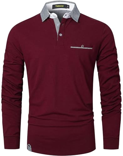 VMSUCIJ Poloshirt Herren Langarm,100% Baumwolle,atmungsaktiv und hautfreundlich,Slim Fit Golf Sports,Sportliches und Bequemes T-Shirt M-3XL,Rot 12,M von VMSUCIJ