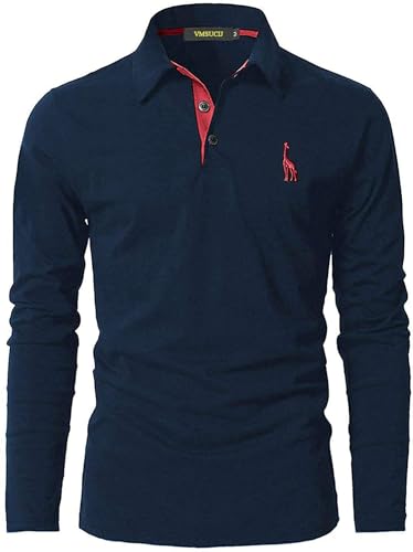 VMSUCIJ Poloshirt Herren Langarm Baumwolle Casual Slim Fit Giraffen Stickerei Männer Hemd T-Shirt Golf Sports Polohemd,Blau+Rot 09,M von VMSUCIJ