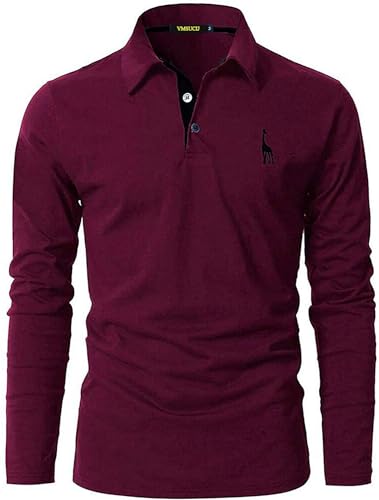 VMSUCIJ Poloshirt Herren Langarm Baumwolle Casual Slim Fit Giraffen Stickerei Männer Hemd T-Shirt Golf Sports Polohemd,Rot 09,L von VMSUCIJ