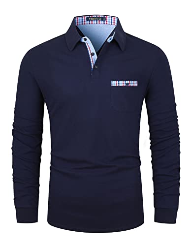 VMSUCIJ Poloshirt Herren Langarm Baumwolle Regular Slim Fit Plaid Denim Golf Polohemd M-3XL,Blau,3XL von VMSUCIJ