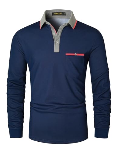 VMSUCIJ Poloshirt Herren Langarm Slim Fit Basic Golf Polo Poloshirt mit Farbkontrast Modisch und Vielseitig mit Taschen,Blau D08,3XL von VMSUCIJ